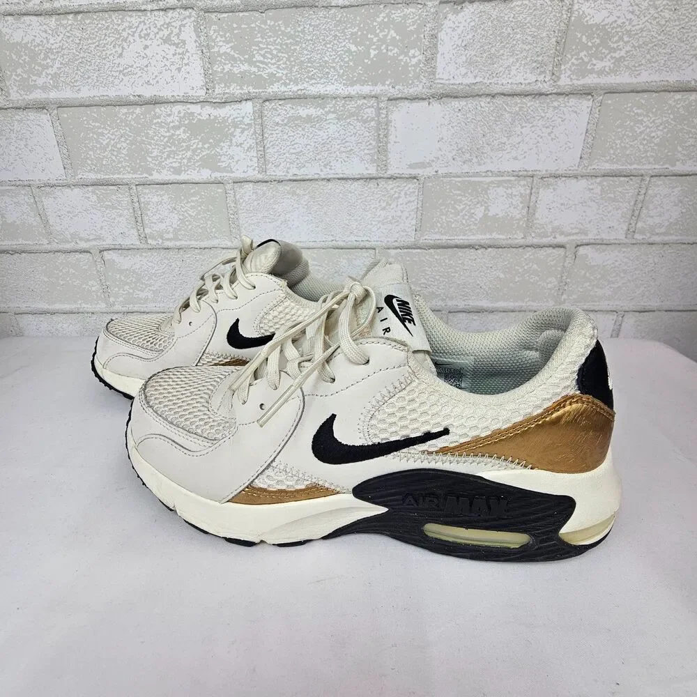 Nike Air Max Excee Sneakers Women 8 White Black Metallic Gold Running Shoes